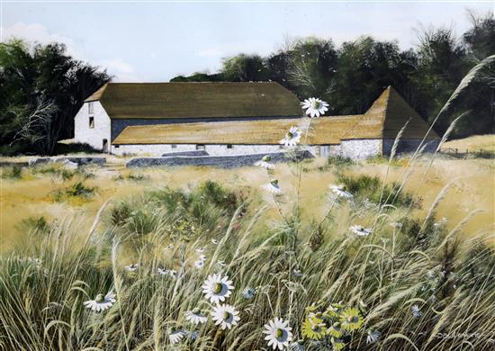 Paul Evans (20th C.) Flint barns from the field, 13.5 x 19in.
